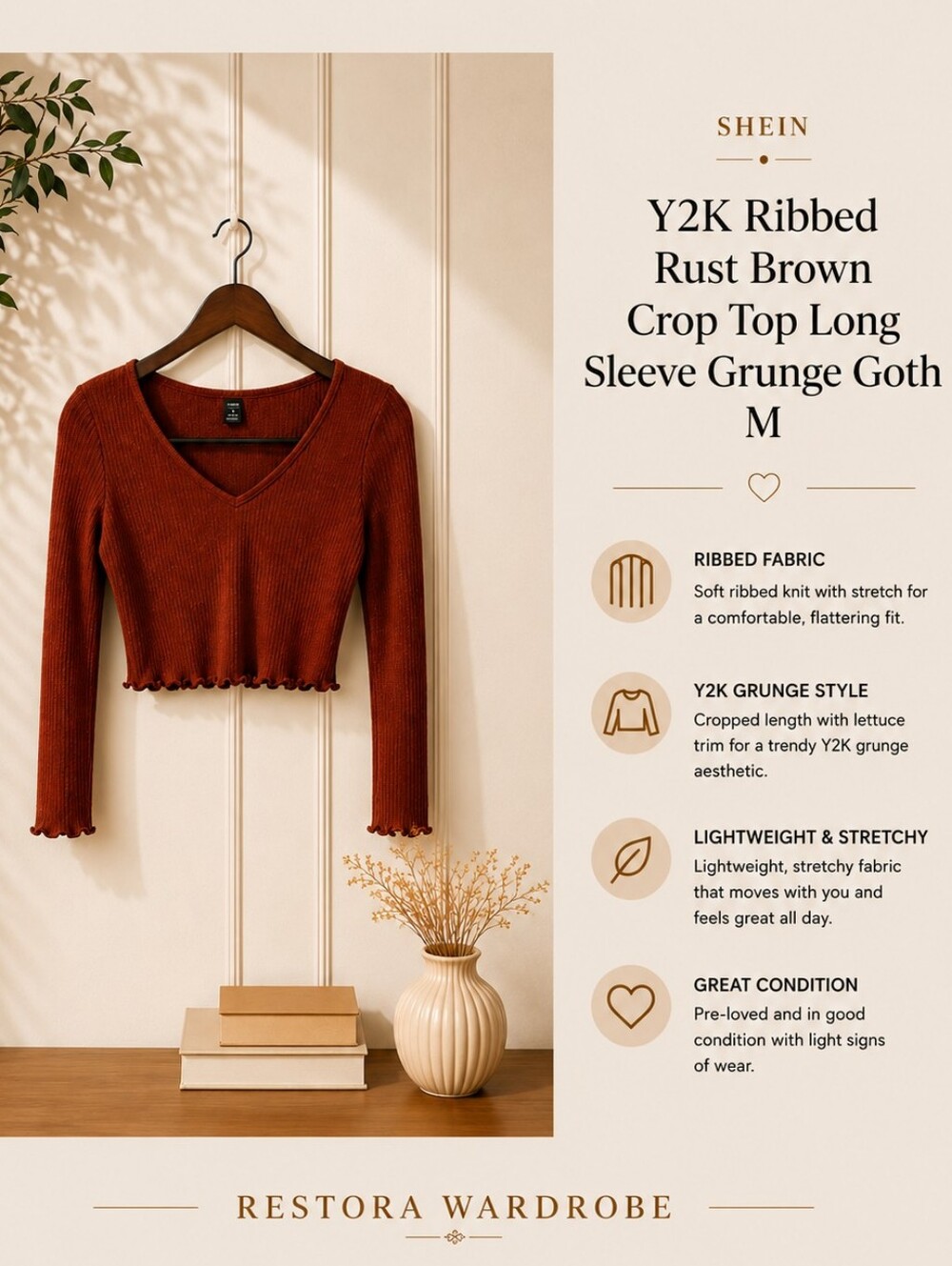 SHEIN Y2K Burnt Orange Ribbed Crop Top Lettuce Hem Long Sleeve M